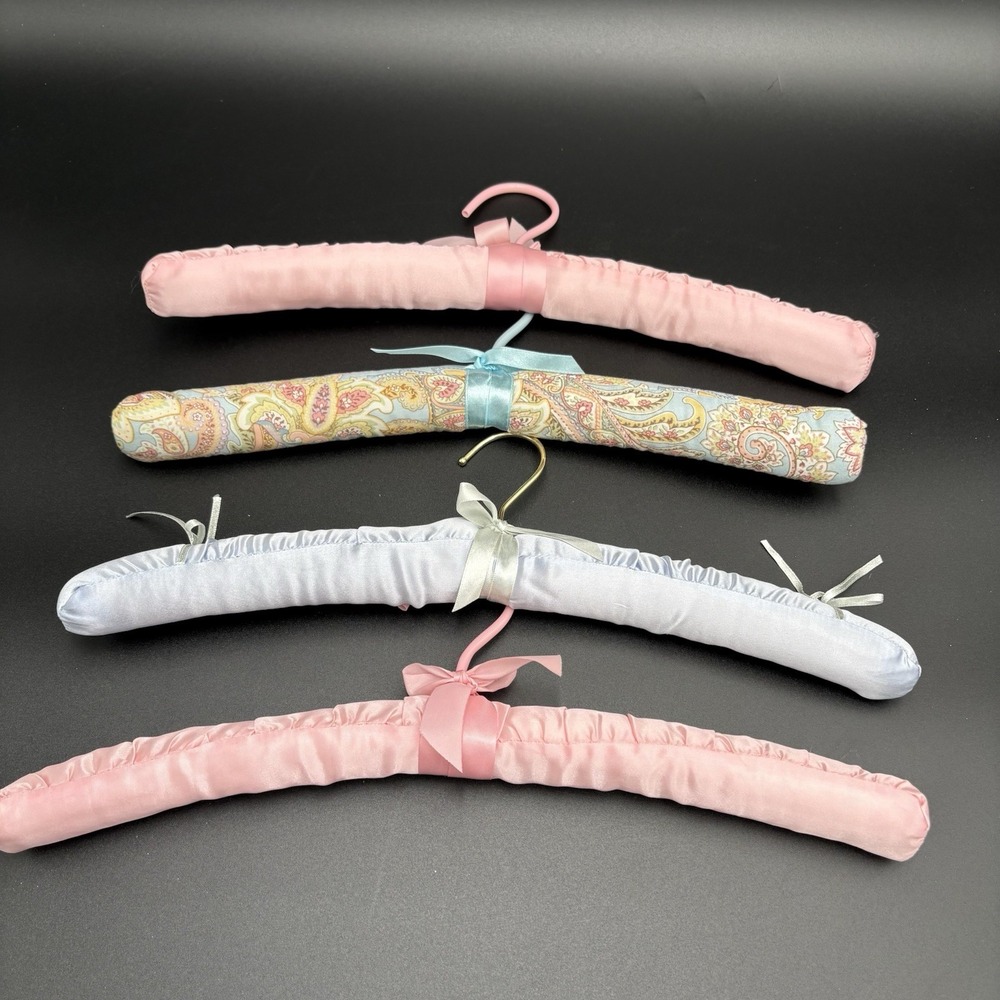 VTG Padded Satin Hangers Boudoir Lingerie Lot of 4 Pink Lilac Cotton Paisley